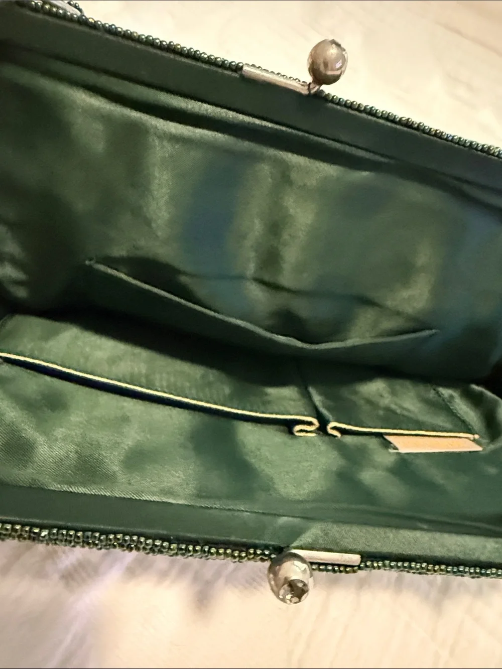 Beaded Antique Evening Handbag in Iridescent Dark Green Beads, etc All Perfect.